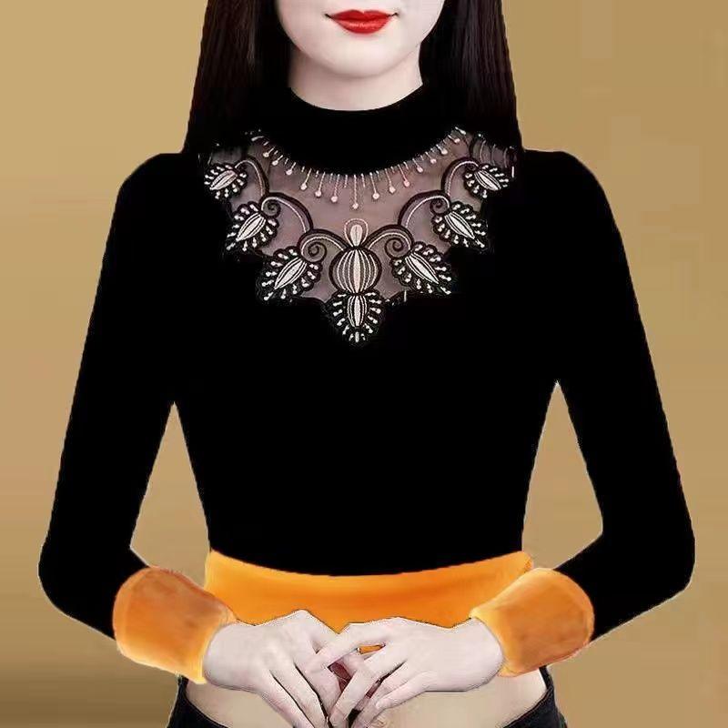 

Осень-зима, утолщенная бархатная майка, женская кружевная футболка с длинными рукавами и принтом, облегающая теплая пуловер, эластичная нижняя рубашка 4XL