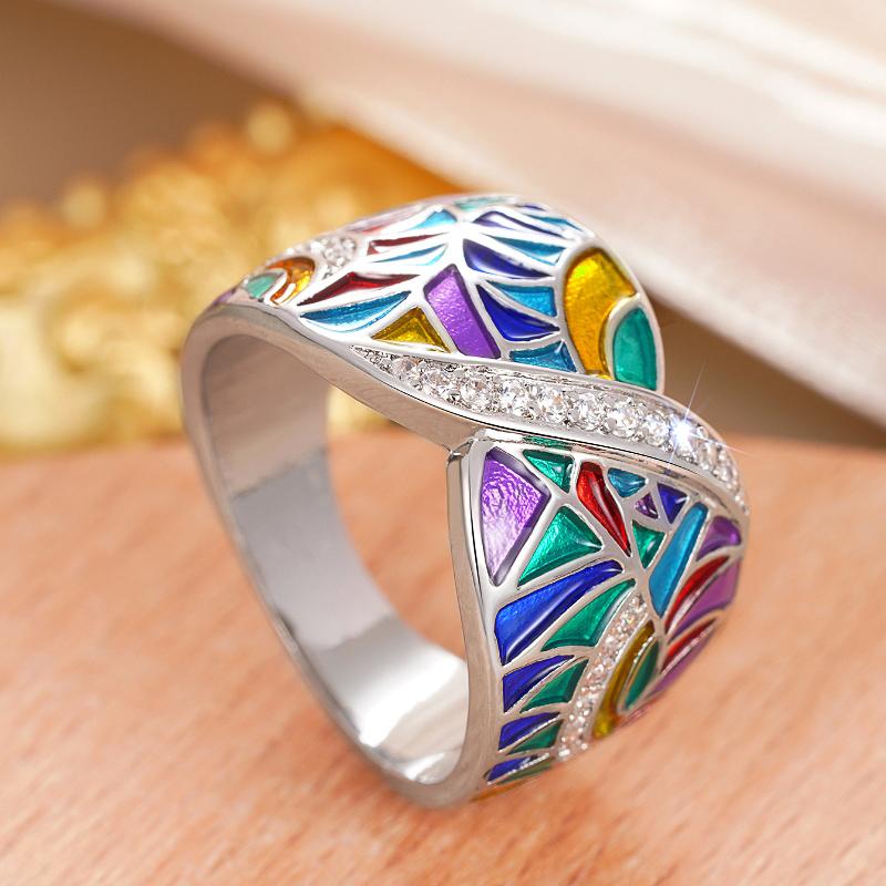 Huitan Colorful Enamel Rings for Women Unique Design Cocktail Rings Party Fancy Birthday Gift Special-interested Female