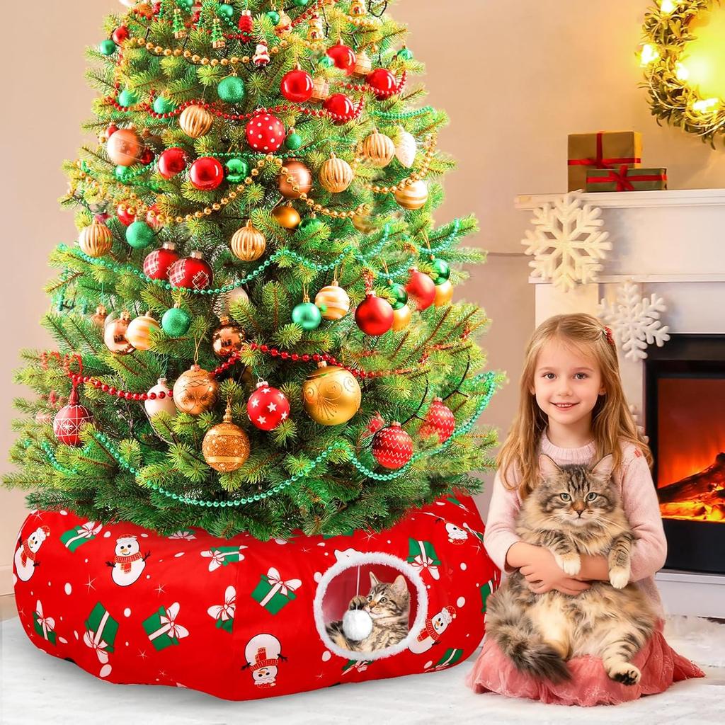 Cat Tunnel Christmas Tree Skirt, 3FT Round Donut with Plush Ball, Red Festive Decor for Small Pets