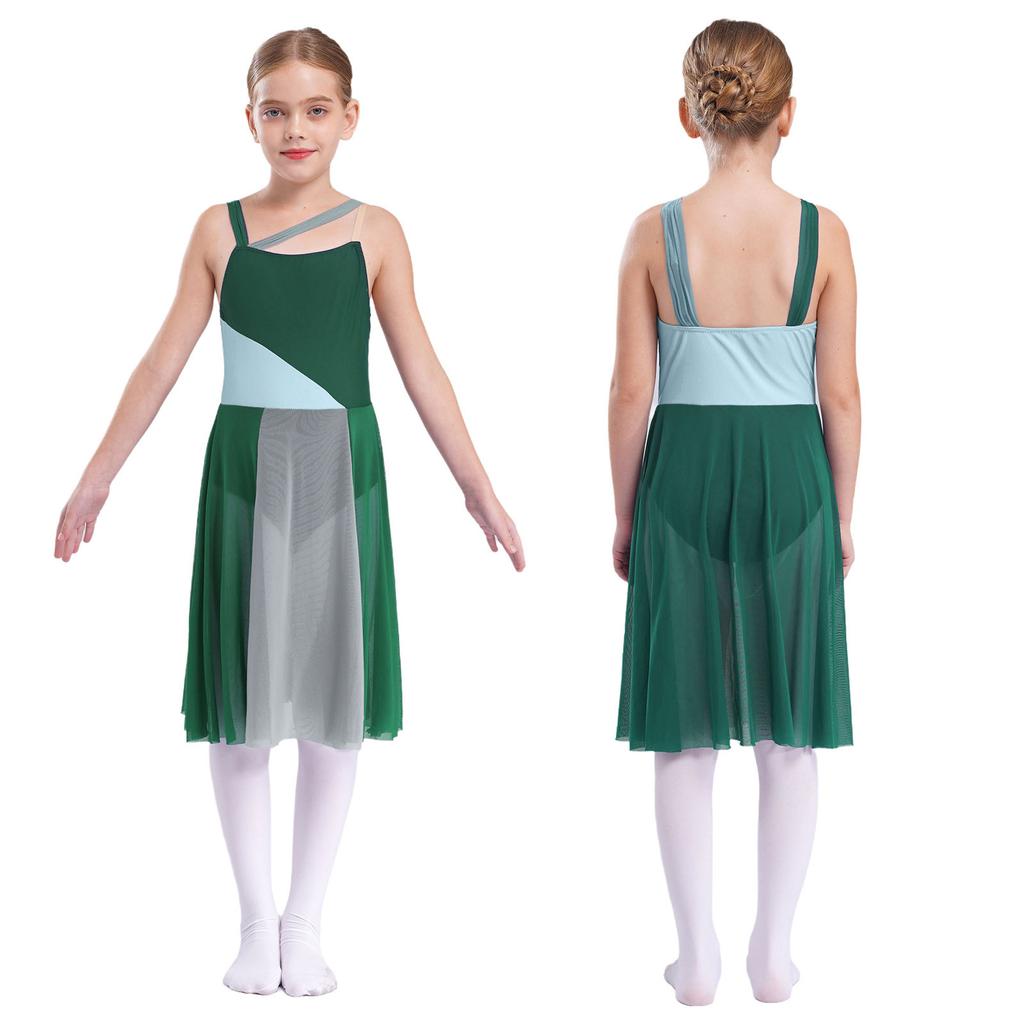 Kids Girls Mesh Overlay Ballet Contemporary Dance Dress Lyrical Leotard Costume Sleeveless Dresses