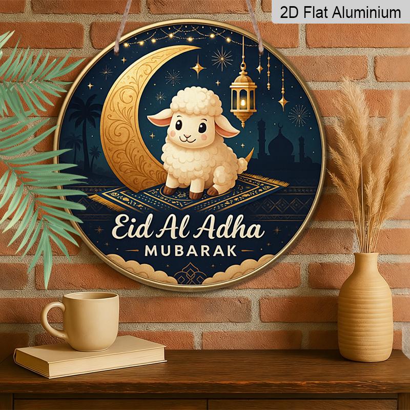2D Flat, 1pc Round Aluminum Eid Al-Adha Mubarak Sign, Cute Sheep & Crescent Moon Metal Wall Art, Vintage Lantern & Mosque Design, Waterproof