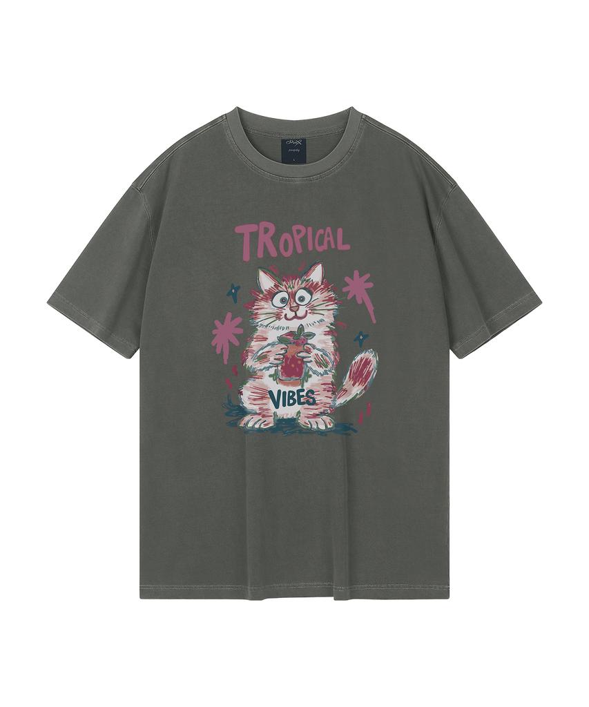 WILDROCK Hollysheesh Tropical Cat Pigment Oversized Short Sleeve T-Shirt_6 Colors (Cropped) (Type A)