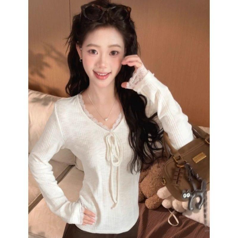 

Women s Autumn French Lace Trim V-Neck Long-Sleeve Slim Fit Tie-Up Top Extra Large белый