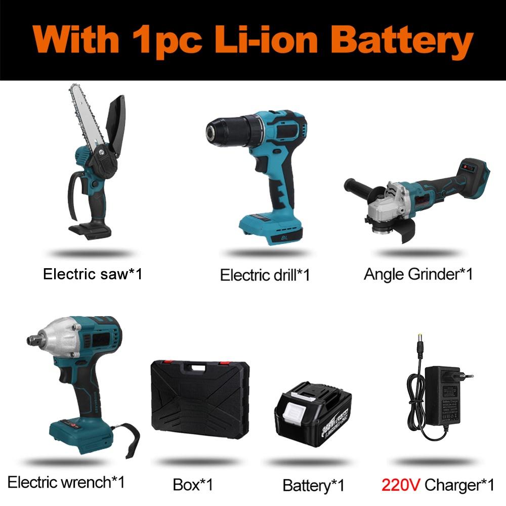 

Набор электроинструментов Угловая шлифмашина Аккумуляторная цепная пила 125мм Электрический ударный гайковерт Электрическая дрель Отвертка Для аккумулятора 18В 4в1 1*Battery