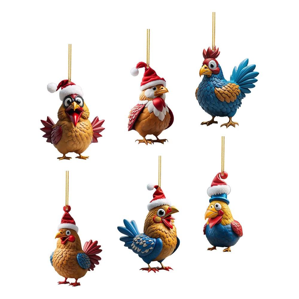 Cute Christmas Rooster Ornament Cartoon Car Chicken Pendants Flat Rooster Pendant  New Years