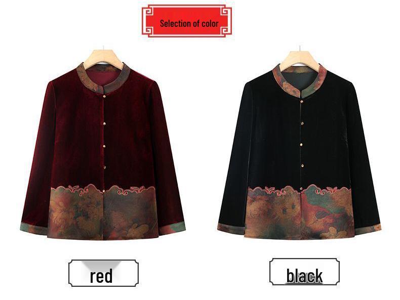 Women's Gold Velvet Long-Sleeve Shirt - Thick, Loose Fit for Middle-Aged & Elderly, Ideal for Spring & Autumn