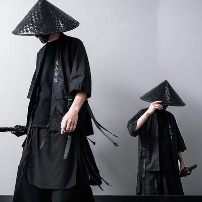 Japanese Traditional Black Kimono Cardigan Diablo Samurai Ninja Cosplay Suit Chinese Hanfu Style Coat Streetwear