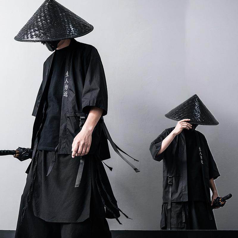 Japanese Traditional Black Kimono Cardigan Diablo Samurai Ninja Cosplay Suit Chinese Hanfu Style Coat Streetwear