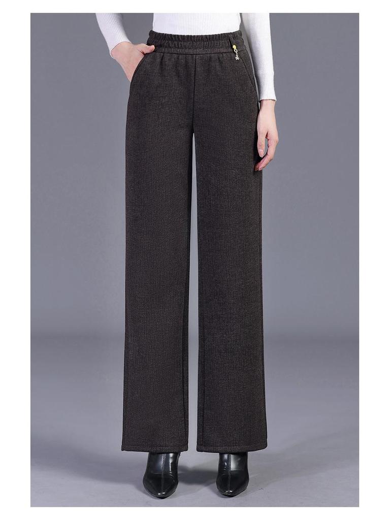 2025 Autumn/Winter Women's Solid Elastic Waist Straight-Leg Pants, Plus Velvet Thickened for Warmth, Ideal for Middle-Aged Mothers