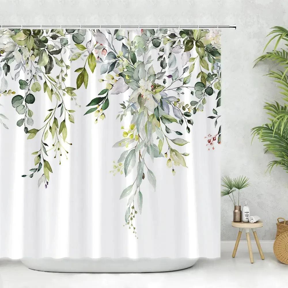 Beautiful Spring Greenery Floral Shower Curtain Eucalyptus Leaves Tropical Leaves Polyester Washable Buth Curtain Bathroom Decor