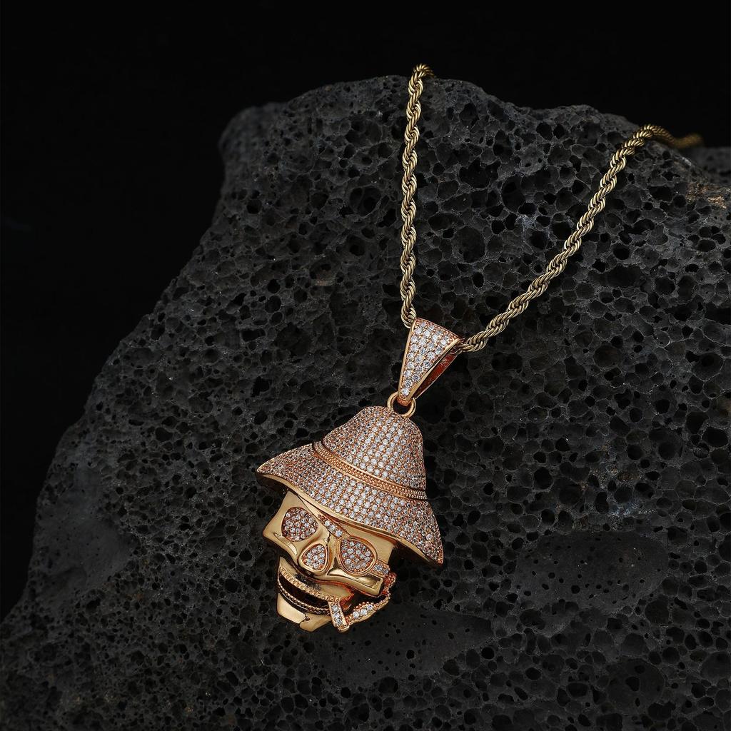 Lebi Pirate Skull Full Diamond Copper Set Zircon Pendant Twist Chain Hip Hop Men'S Necklace