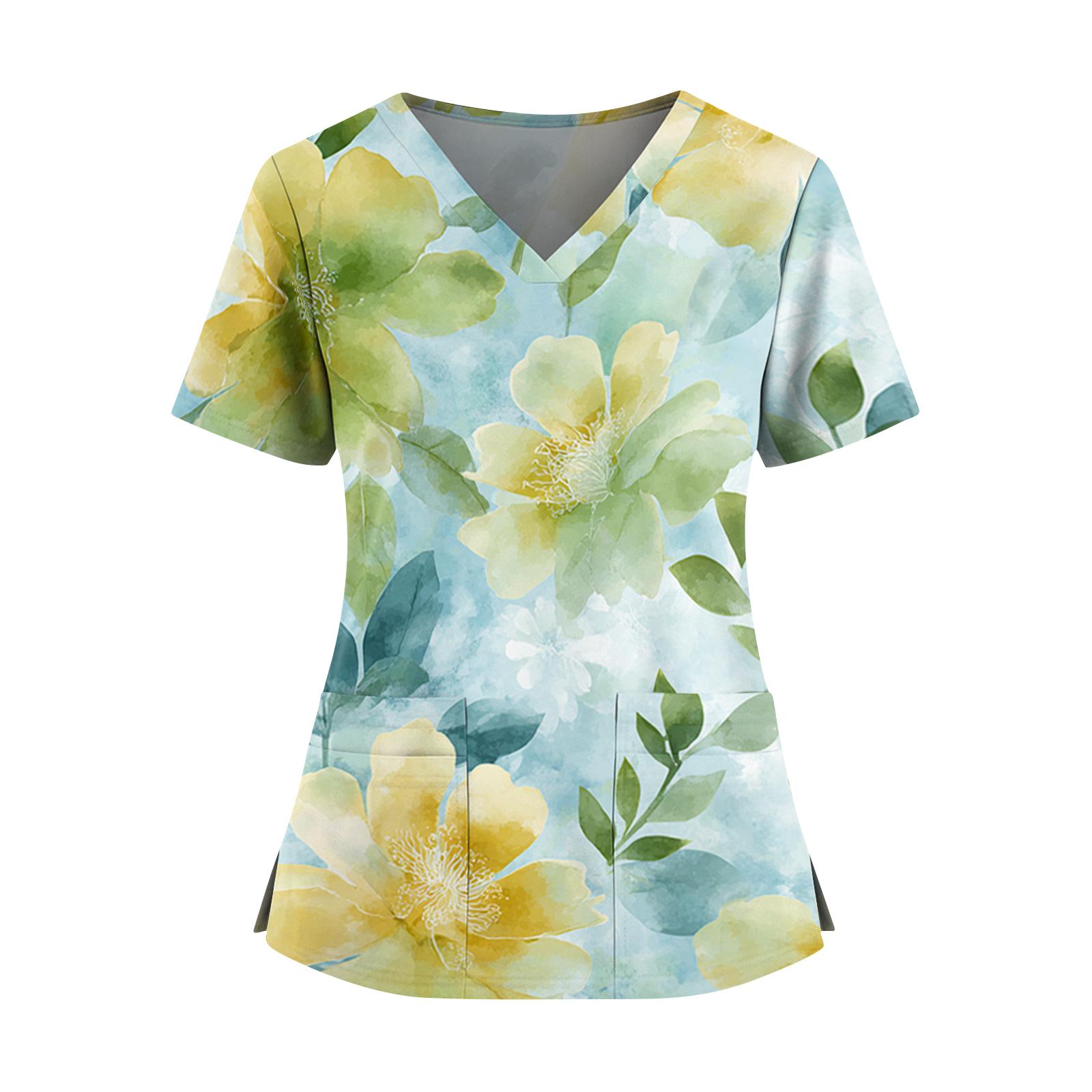 

Women s floral print V-neck double pocket short-sleeved uniform/caregiver top with slits at the hem XL жовтий