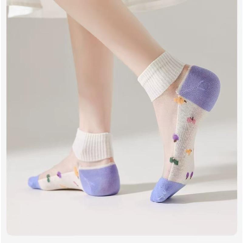 5 Pairs of Summer Thin Crystal Silk Socks Children Invisible Sweat-absorbing Breathable Boat Socks Glass Silk Cotton Bottom Short Socks