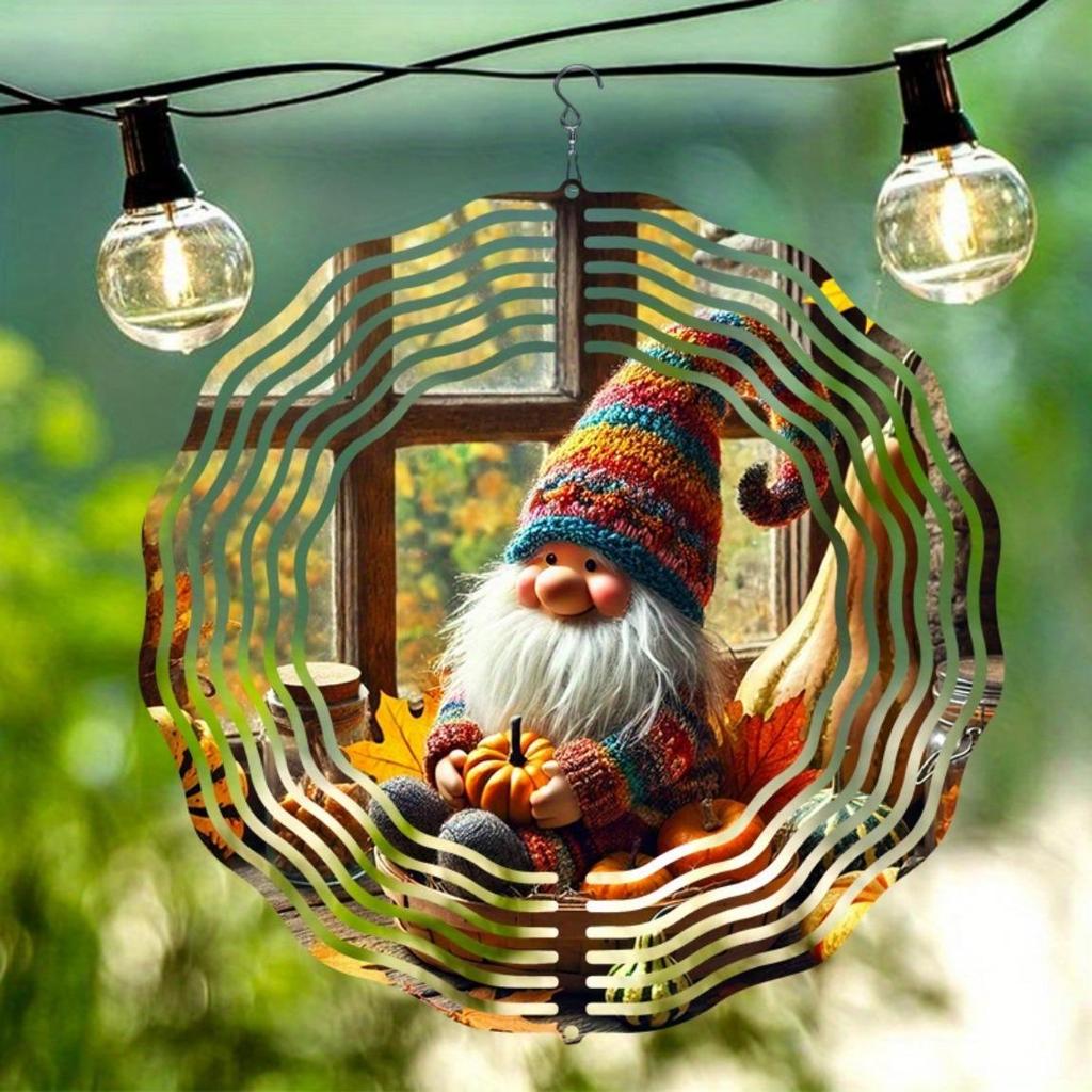 Metal Garden Wind Chime with Rotating Spiral Autumn Gnome Pumpkin Decor for Outdoor Patio Porch Yard No Electricity Needed