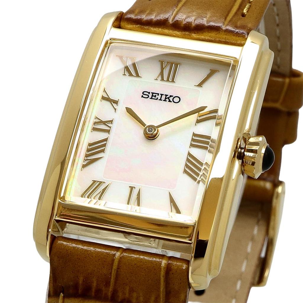 Seiko SWR100 Mother of Pearl Quartz Women's Watch Gold Sapphire Glass Brown Leather Band 5ATM Water Resistant Overseas Model