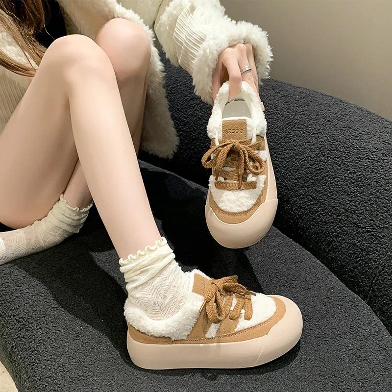 Women's Lace-up Color-blocked Thick Soles 2024 Color-blocked Women's Shoes Winter New Lace-up Plush Warm Casual Cotton Shoes