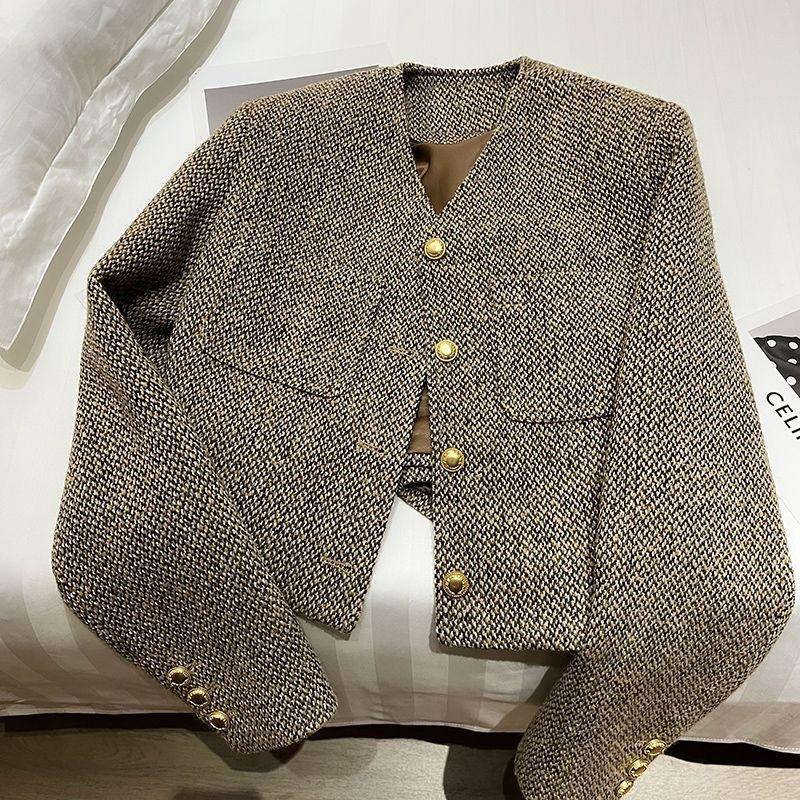 Khaki Woolen Cardigan - 2024 Autumn British Socialite Style for Women