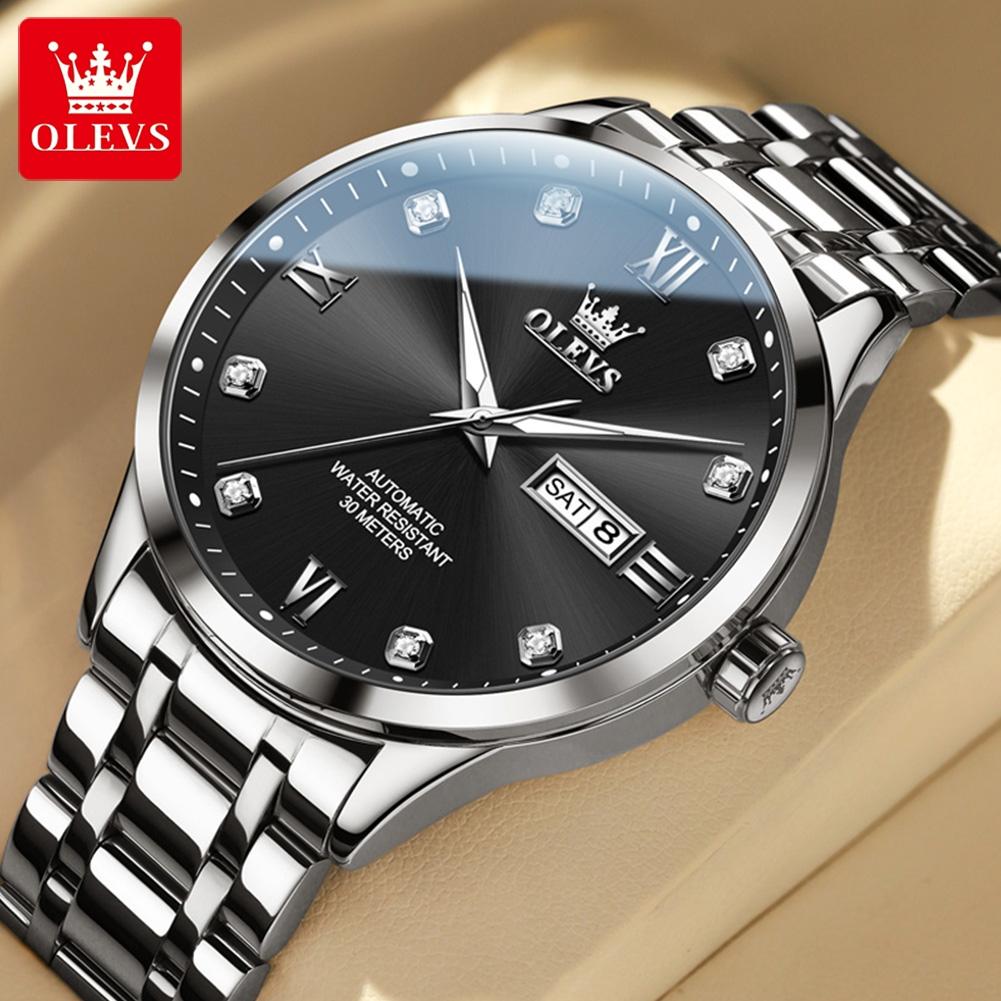 OLEVS9946 Mens Watch Original Automatic Mechanical Watch For Man Waterproof Luminous Stainless Steel Reloj Dual Calendar Display