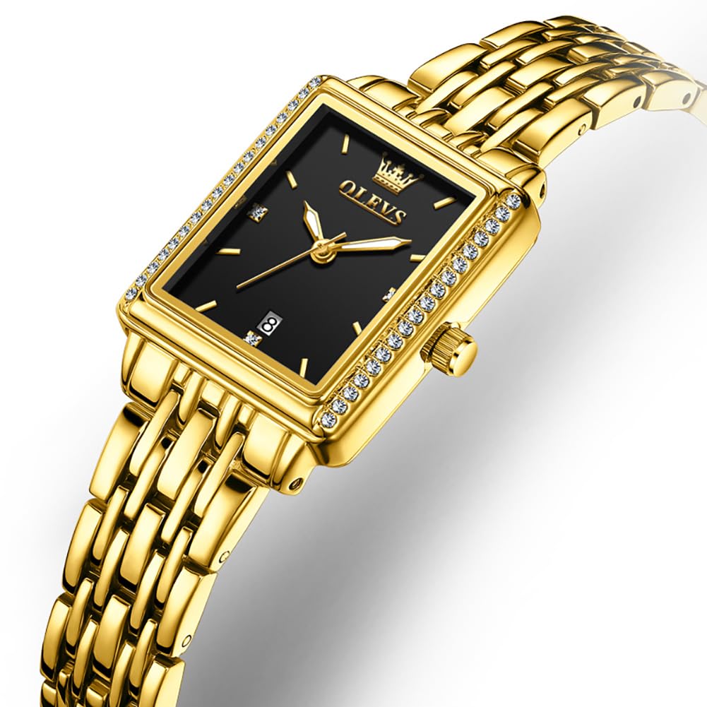OLEVS Women's Square Gold Watch, Popular Women's Watch, Waterproof Quartz Movement, Analog Business Watch, Sparkling and Stylish, Lightweight, Metal