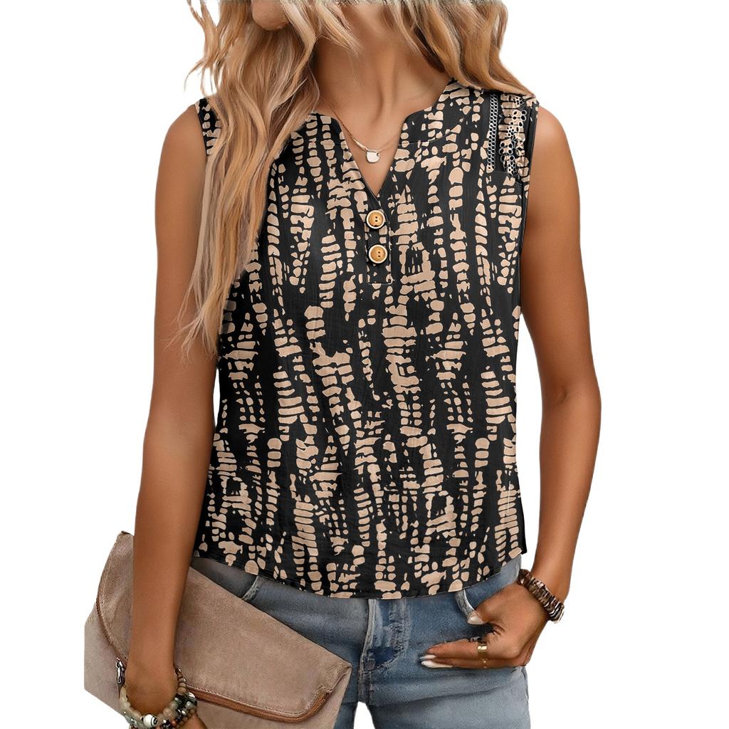 Women's Casual, Loose-Fitting, Printed, Sleeveless Linen Blouse