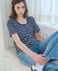 SLOWLOLLI U Neck Stripe Short Sleeve T-Shirt - Navy
