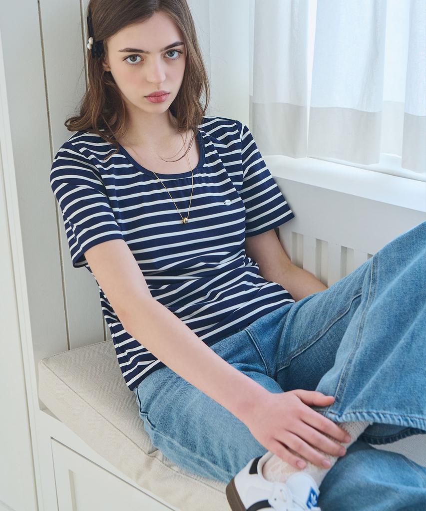 SLOWLOLLI U Neck Stripe Short Sleeve T-Shirt - Navy