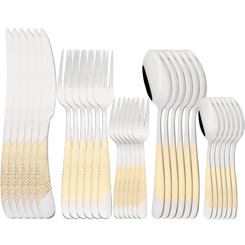 

Drmfiy Роскошные столовые приборы 6/30 шт. Набор вилок, ложек и ножей Элегантный золотой набор посуды из нержавеющей стали Чайная ложка Кухонный набор серебряных приборов