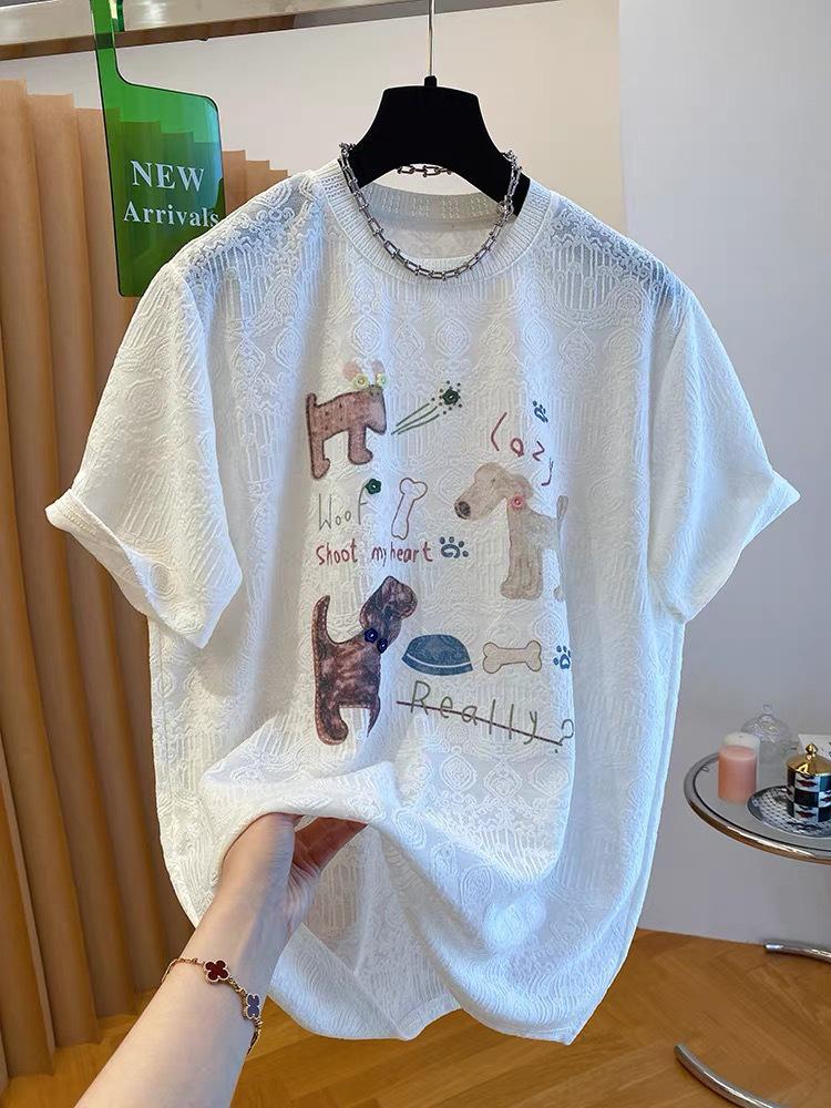 240 Jin Women's White Puppy Jacquard Short-Sleeve T-Shirt - 2026 New Summer Loose Casual Top