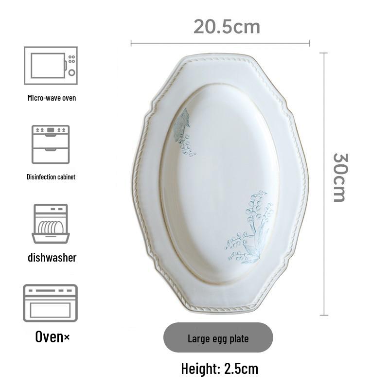 French Retro Lily of the Valley Tableware Set: Ceramic Dinner Plates, Rice Bowls, Steamed Fish Plates, and Household Dish Set.