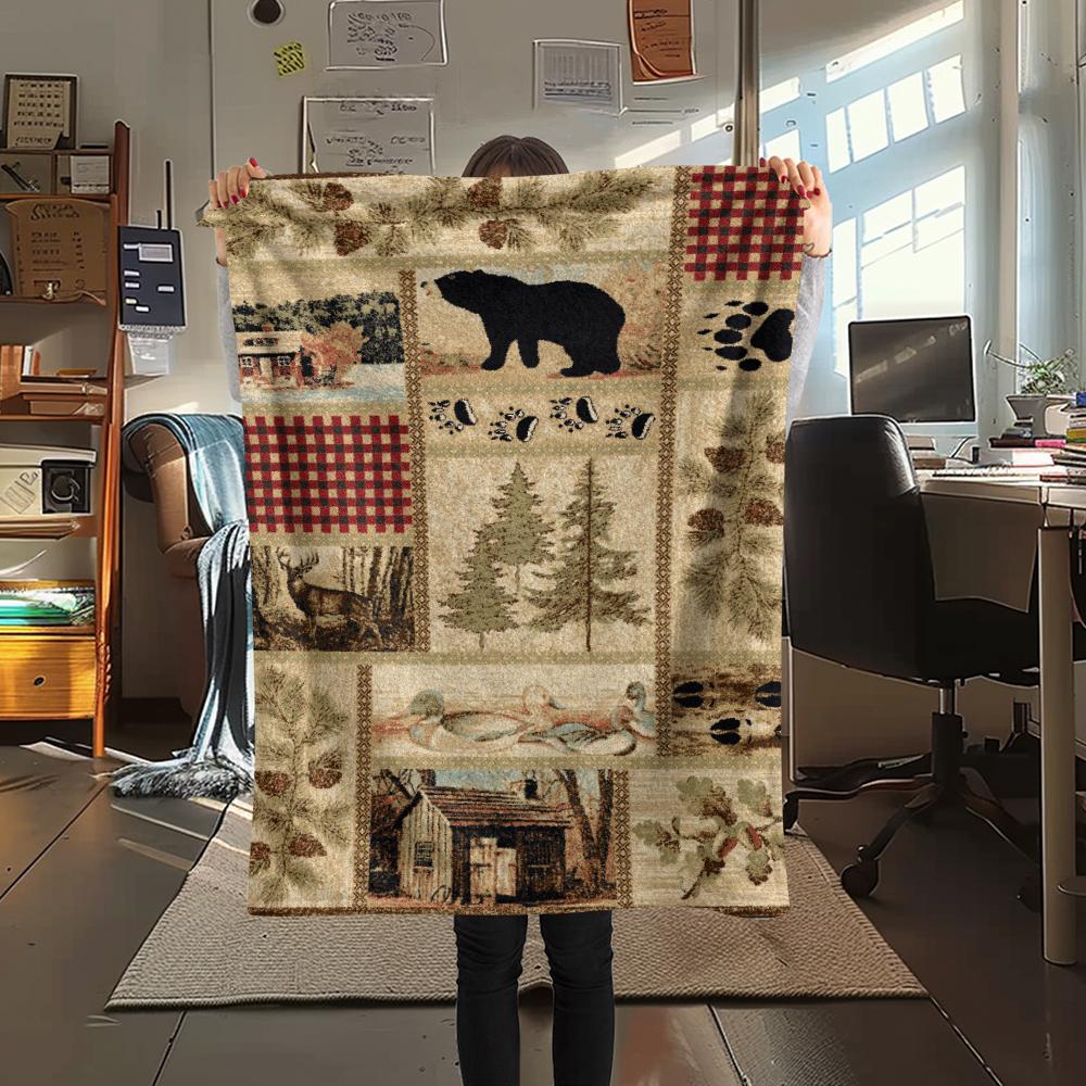 1Pc Cabin Bear Print Flannel Blanket, High Quality Comfortable for All Seasons, Home Decor, Warmth and Comfort, Perfect for Gifts