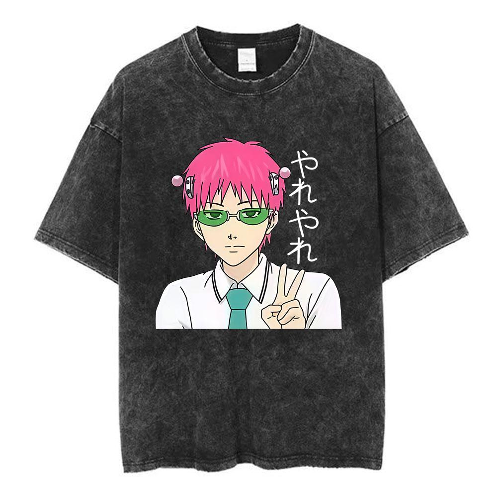 Anime The Disastrous Life of Saiki K Vintage Washed Short Sleeve TShirt Saiki Kusuo Fashion Harajuku Hip Hop Casual Tee Shirts