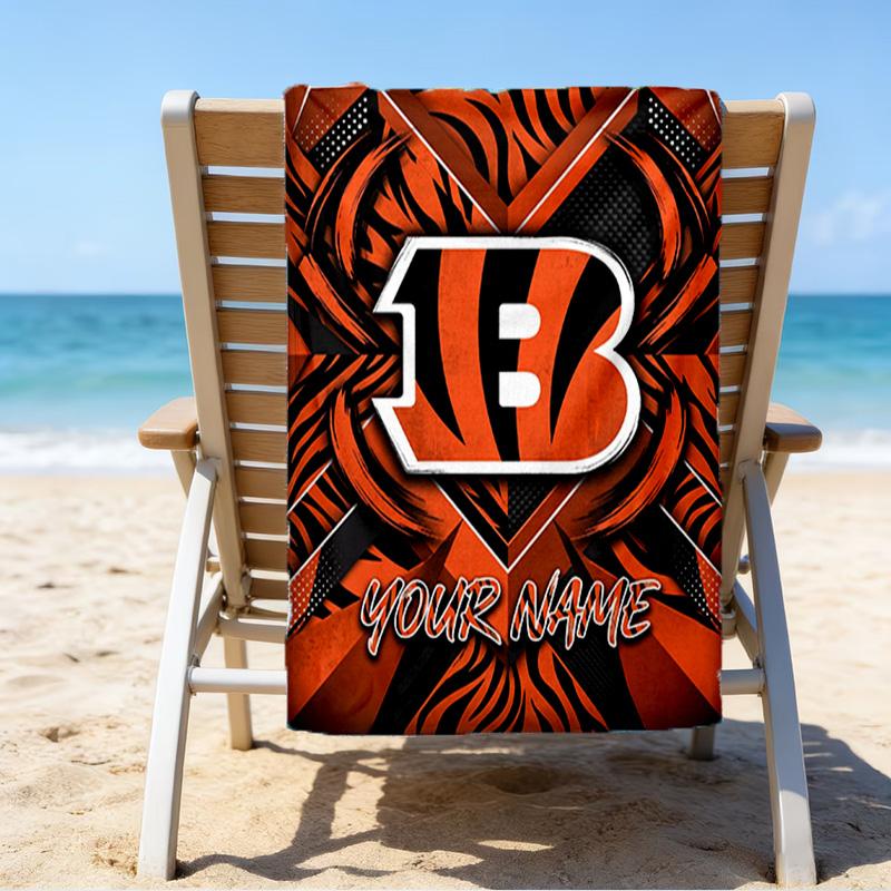 Custom Name Beach Towel Bengals Helmet Beach Towel, Soft Microfiber, Gift for Her/Him, Birthday, for Pool, Beach, Travel, Fan Gifts