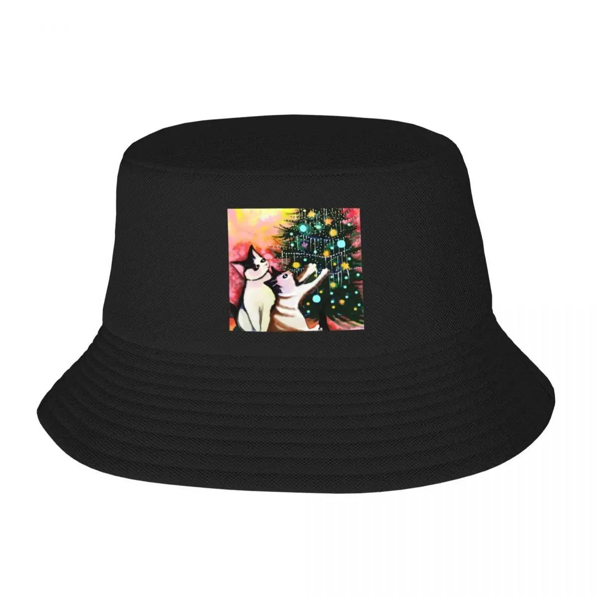 New Curious Cats By Christmas Tree Bucket Hat Hiking Hat Wild Ball Hat Luxury Women Hat Unisexs