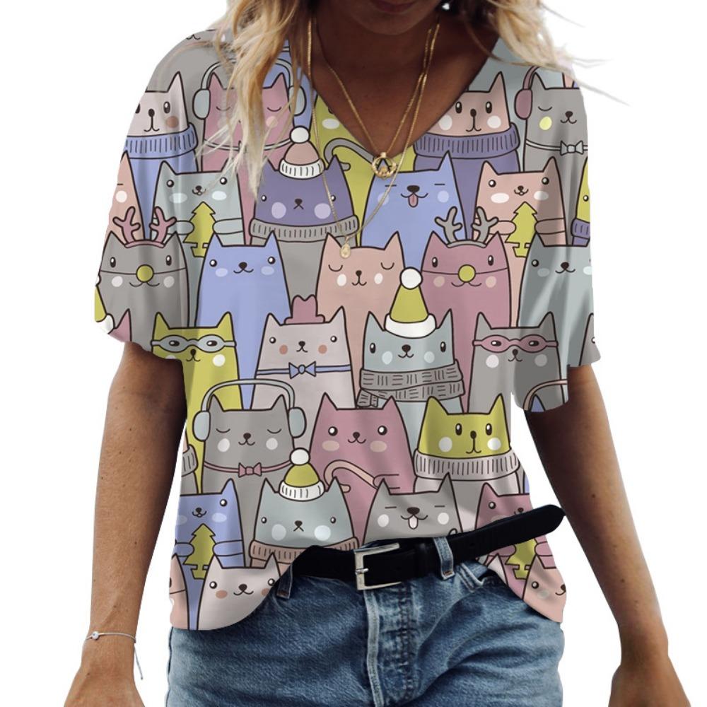 3D V-neck Women's T-shirt Cute Cat Pattern Printed Short Sleeve Summer Kawaii Fashion Casual T-shirt Funny Women's Wear