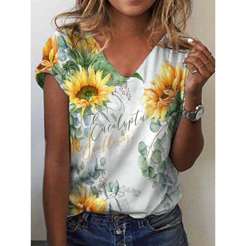 Women V Neck Floral Print Lace Patchwork Short Sleeve Casual T Shirt
