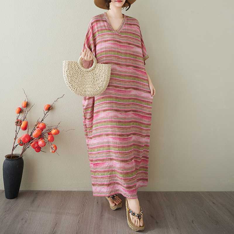 Vestido Largo Vintage para Mujer con Estampados de Algodón y Lino