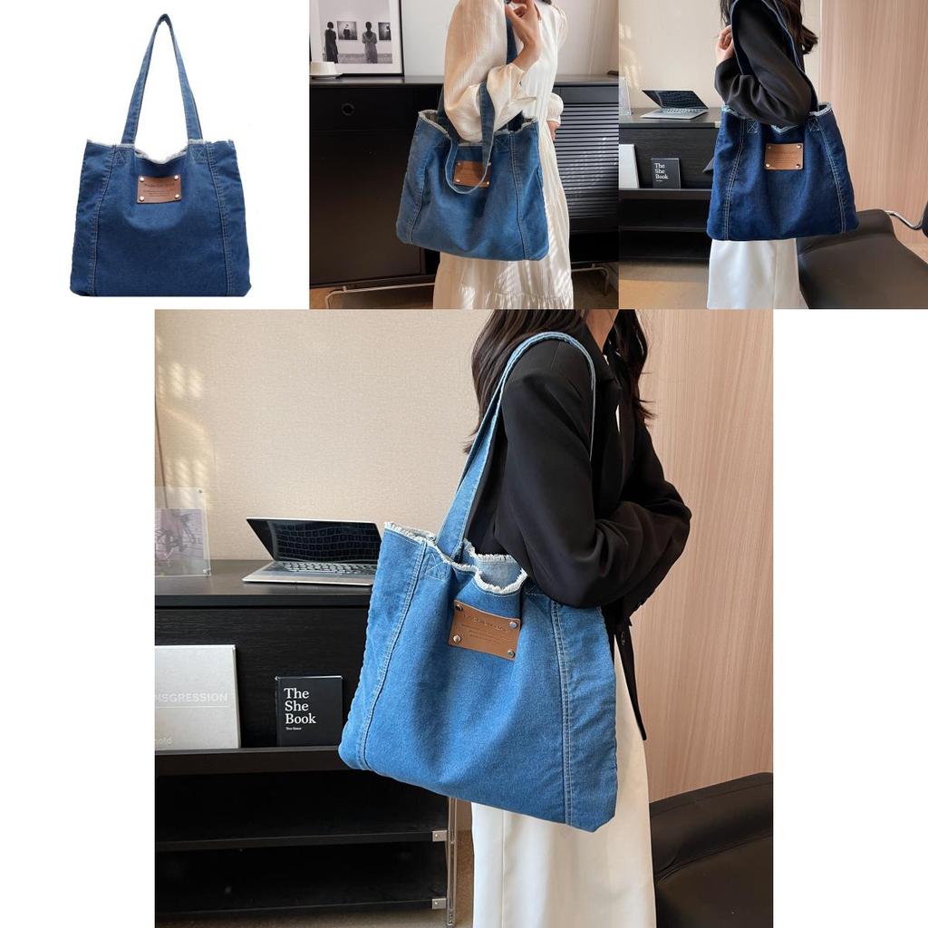 New Korean Style Denim Bag Women Harajuku Lazy Fashion Large Capacity Shoulder Bag Japanese Casual College Student Backpack Street Trend Deep Blue