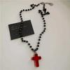 Neo-Gothic Red Heart Thorny Cross Pendant Black Rope Chain Bead Chain Necklaces for Woman Men Collarbone Chain Jewelry Accessory