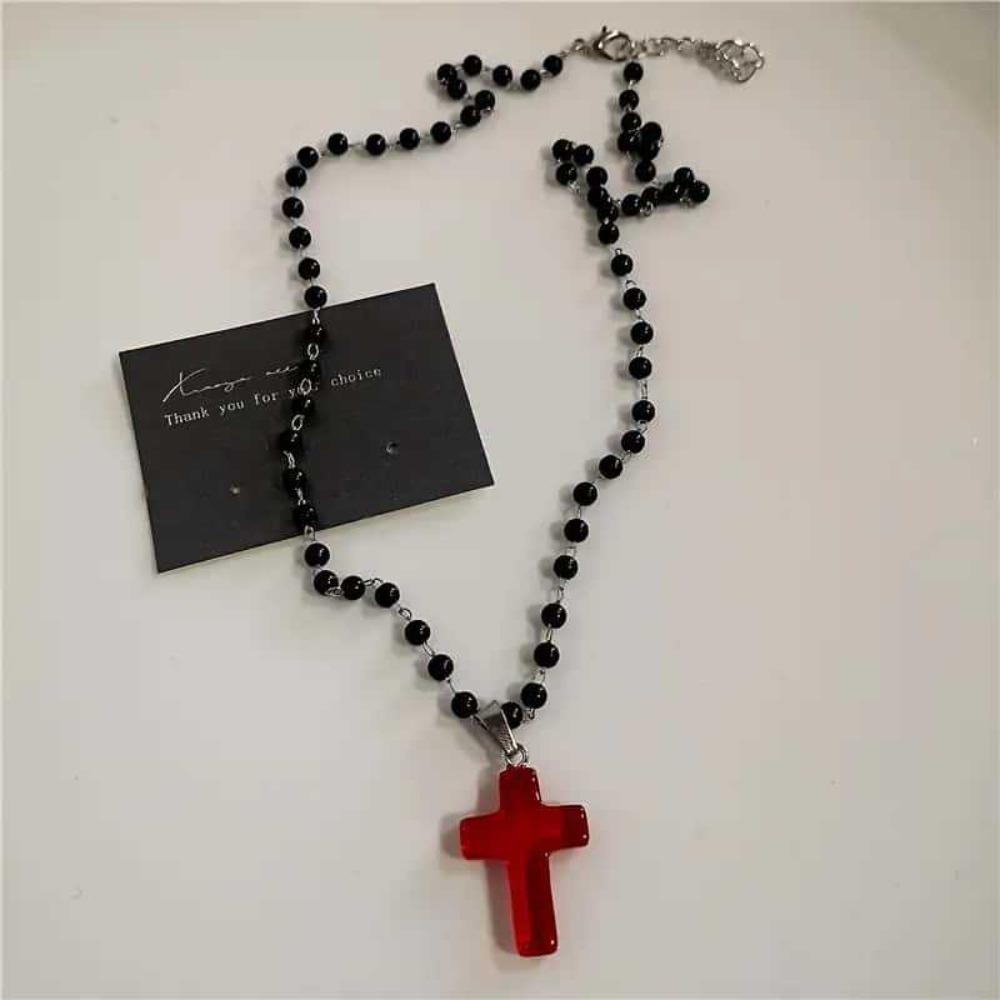 Neo-Gothic Red Heart Thorny Cross Pendant Black Rope Chain Bead Chain Necklaces for Woman Men Collarbone Chain Jewelry Accessory