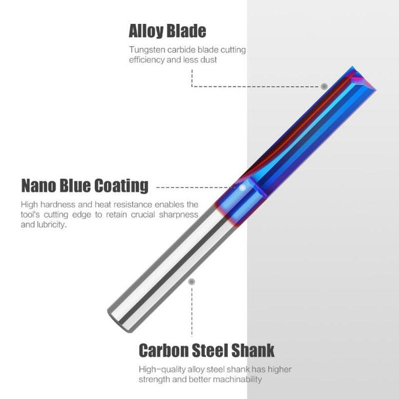 Coadă de 1/4 inch Coadă de 8 mm Cuțit drept cu două lame Cuțit de frezat pentru prelucrarea lemnului Nano albastru Bit de router pentru prelucrarea lemnului din aliaj integral