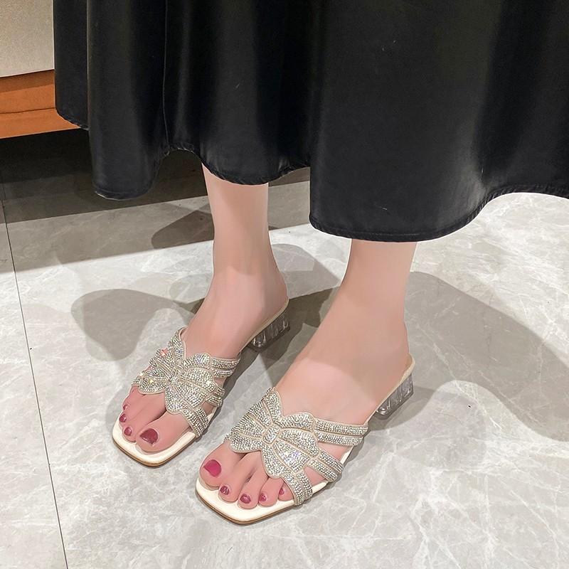 Water Diamond One Belt Cool Slippers for Women, Summer 2025 New Style, Square Head, Open Toe, Sexy High Heel Slippers for Women