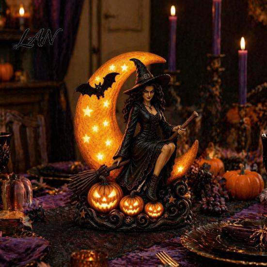 Vintage Magical Atmosphere Lamp Halloween Witch Lamp, Gothic Crescent Moon LED Night Light, Decoration Spooky Decorative Table for Bedroom Bookshelf