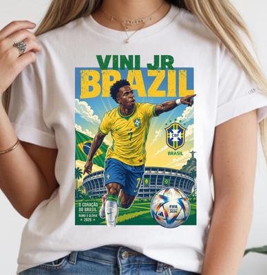 חולצת כדורגל ברזיל Vini Jr | חולצת כדורגל רטרו בסגנון WPA וינטג' וחולצת טריקו לילדים