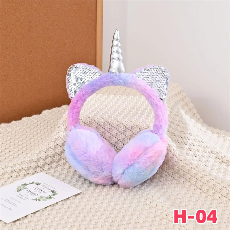 

Детские милые наушники-наушники с единорогом, блестящие кошачьи ушки, зимняя теплая меховая плюшевая повязка на голову для женщин, пушистая ушная накладка с узором «тай-дай»