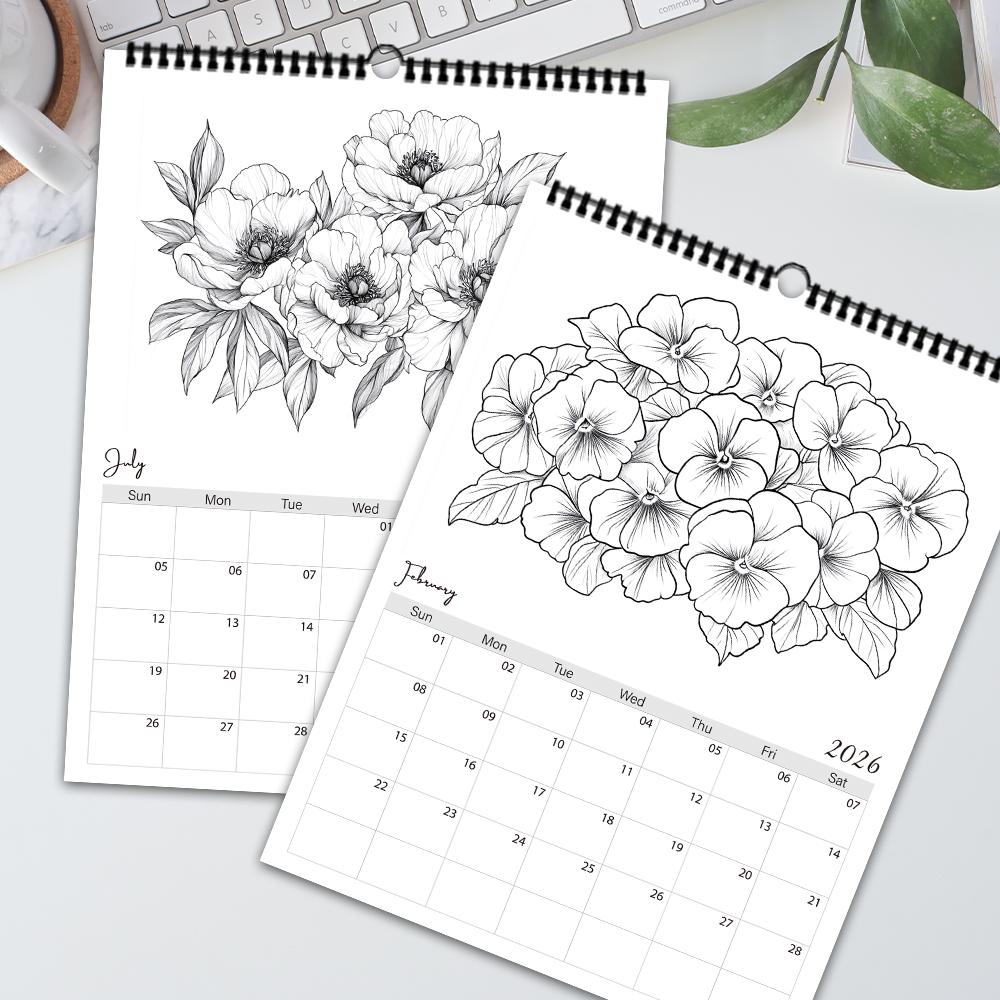 1pc 2026 Hanging Calendar,Floral Coloring Calendar, DIY, Christmas Gift, 12 Beautiful Designs, Perfect for Birthdays & New Year