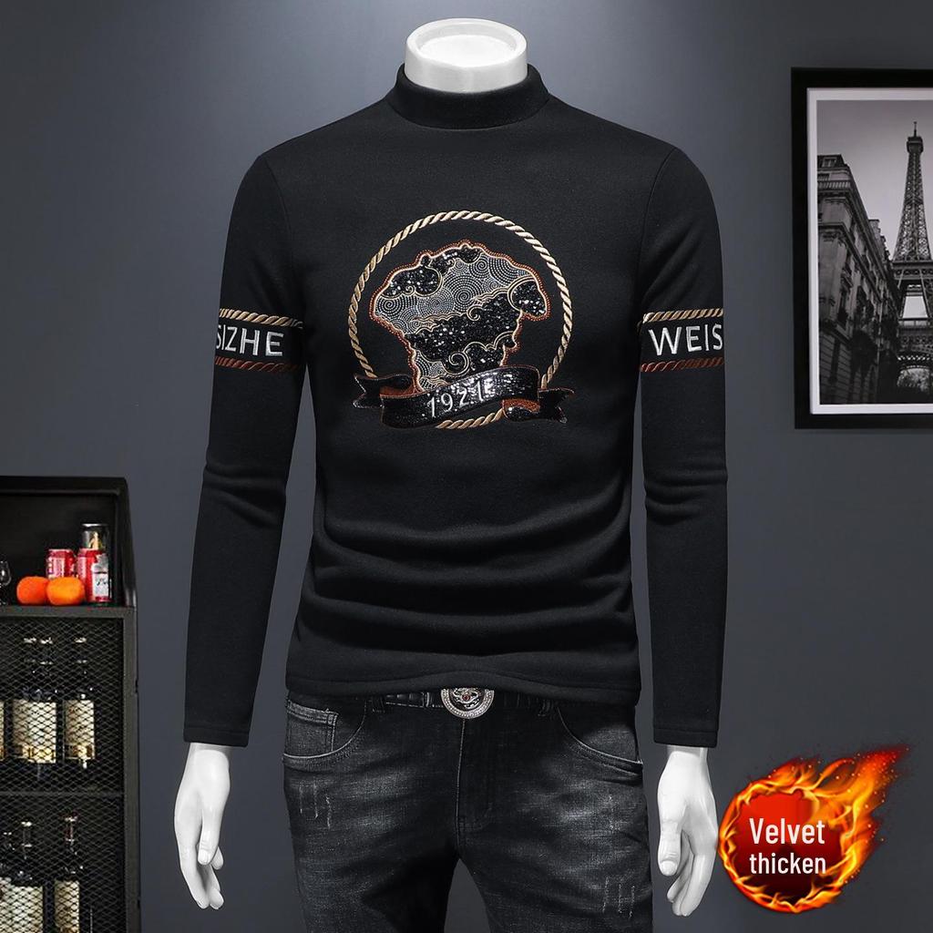 European Station 2025 Autumn/Winter Men's Wool Semi-High Neck Embroidered Sweater - Light Luxury Casual Trend