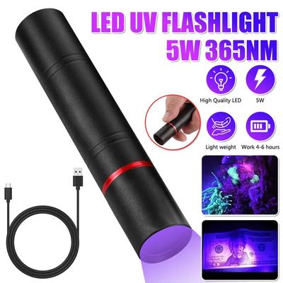 Mini lanterna UV recarregável USB 365 nm, 5 W, ultravioleta, para detecção de urina de animais de estimação, micose de gato, minério de dinheiro, escorpião