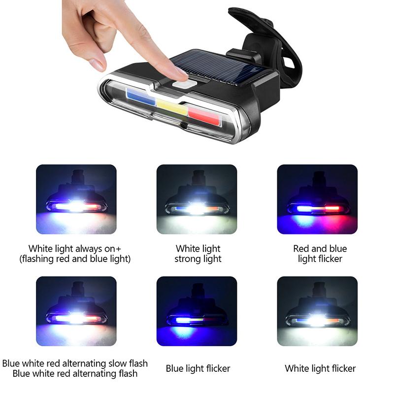 Solární přední světlo na kolo s vysoce svítivými COB LED diodami, 7 režimů, přední světlo, bezpečnostní výstražná zadní světla, vodotěsné zadní světlo na kolo