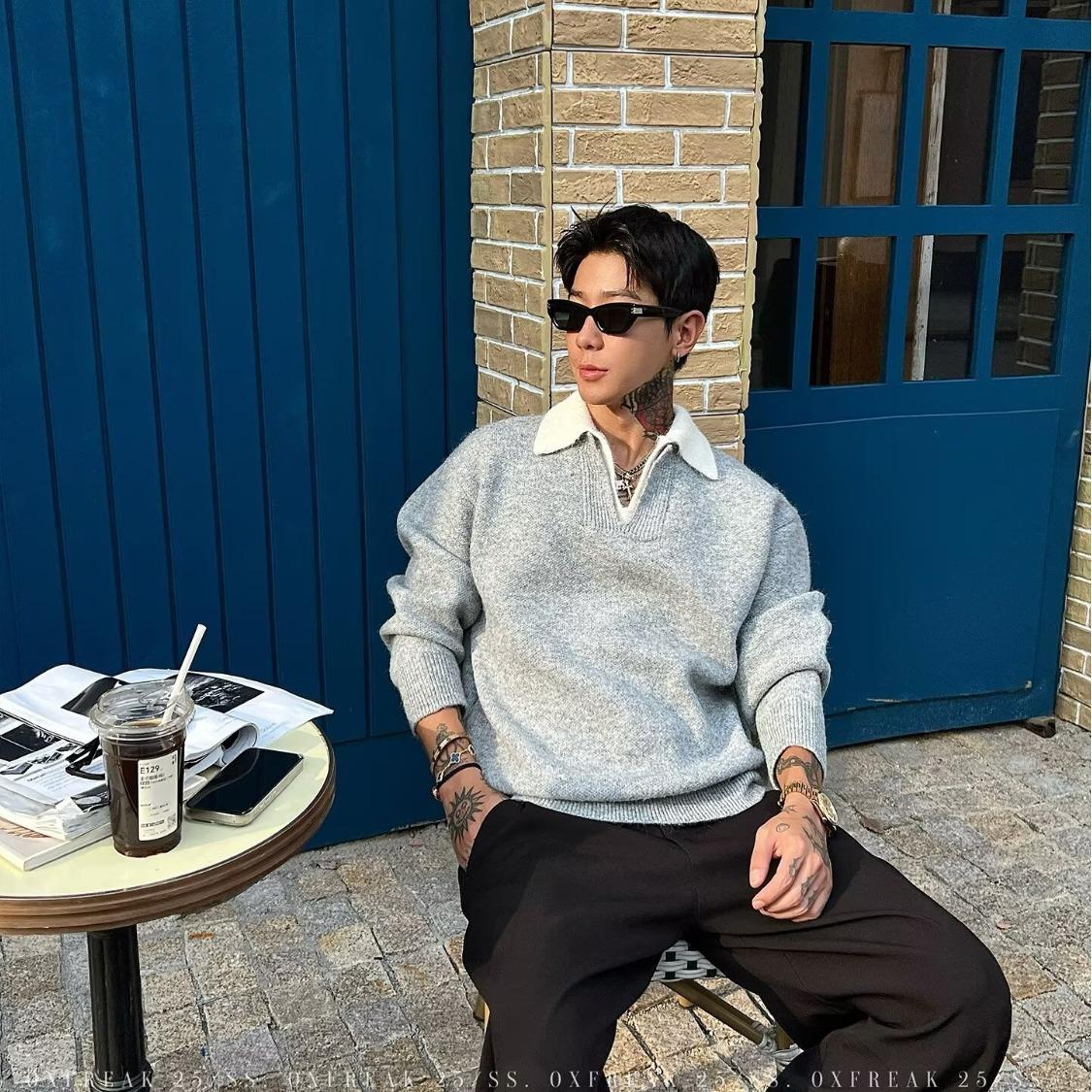 Men s Retro V-Neck Knitwear: Autumn/Winter Faux Two-Piece Sweater with Lapel L серый