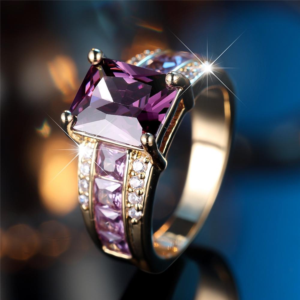 Cute Female Purple Zircon Stone Ring Gold Color Engagement Charm Wedding Jewelry For Women